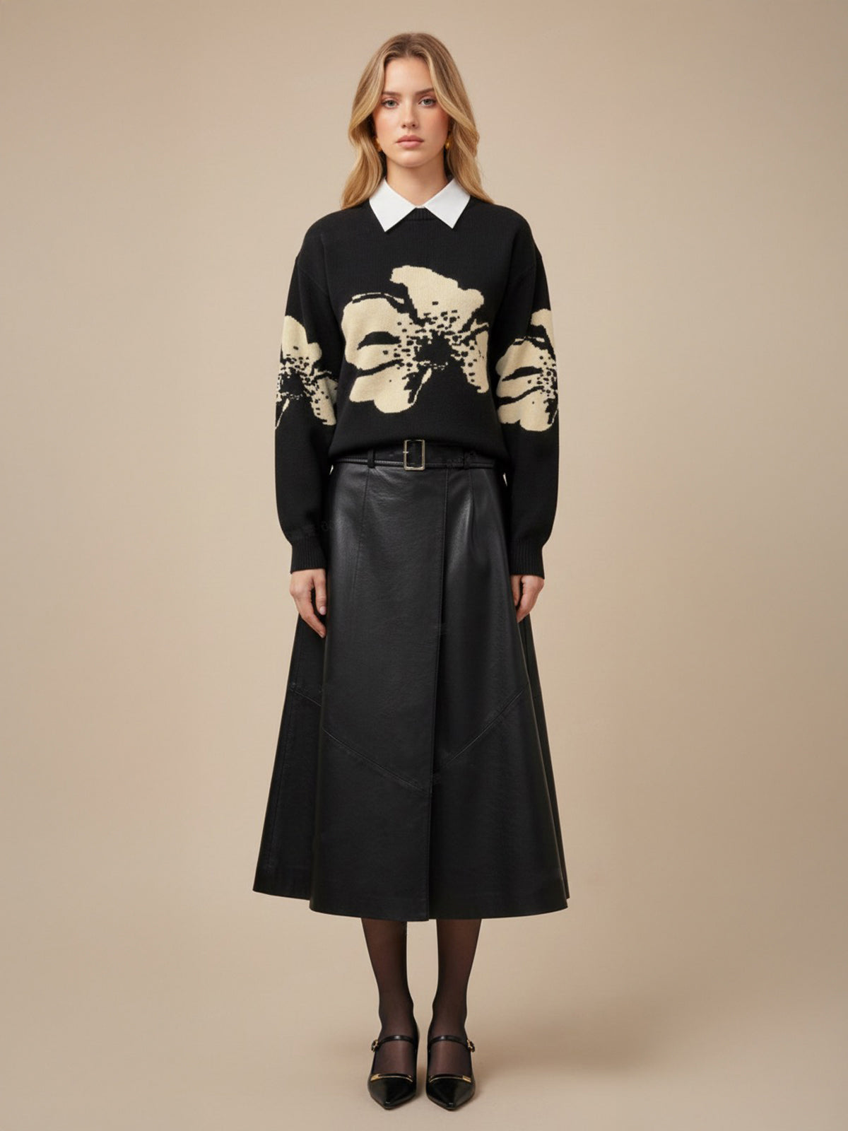 Floral Pattern Crew Neck Knit Sweater