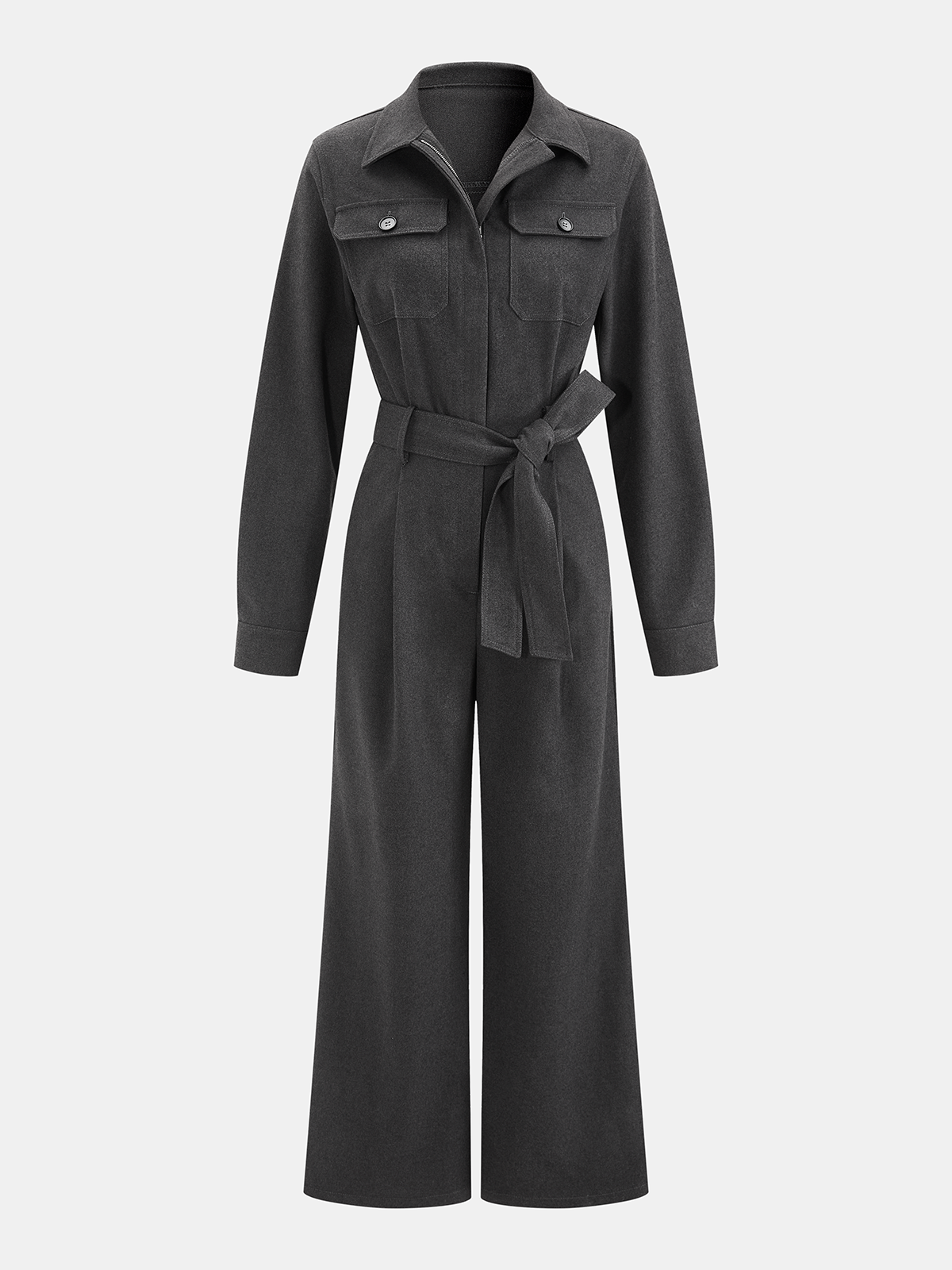 Belted Zip-Front Collared Wide-Leg Jumpsuit