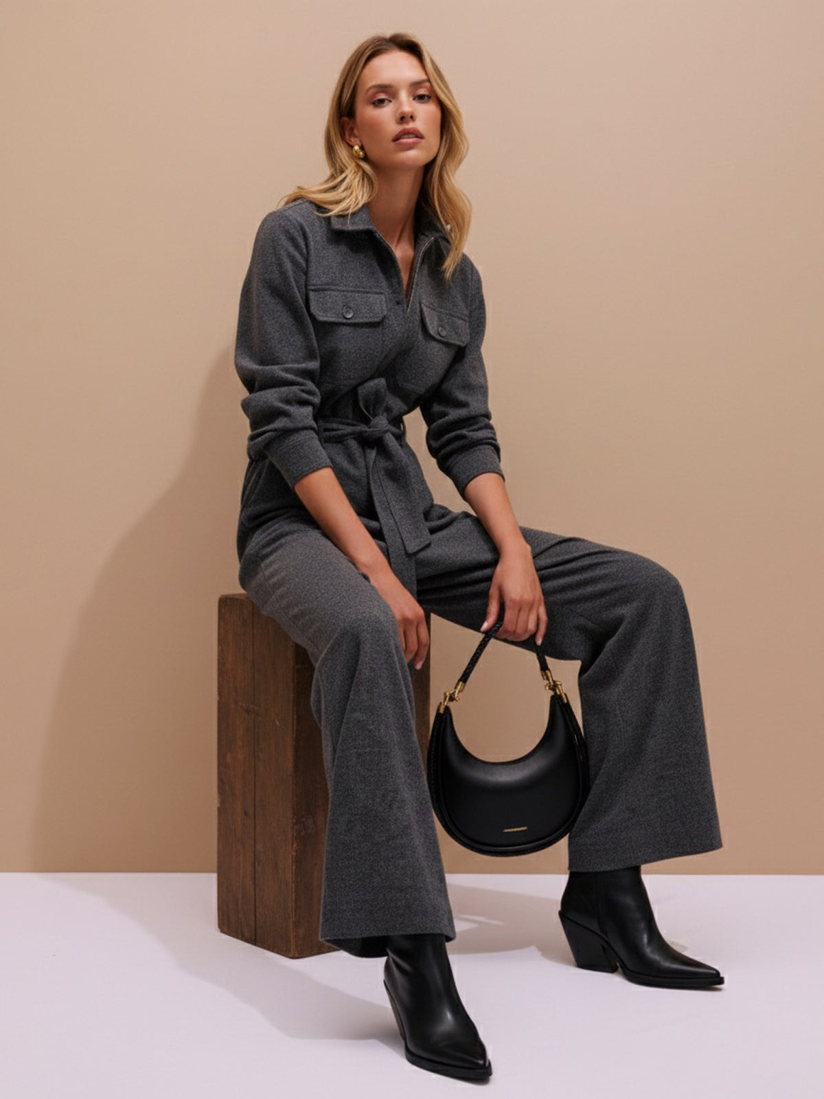 Belted Zip-Front Collared Wide-Leg Jumpsuit