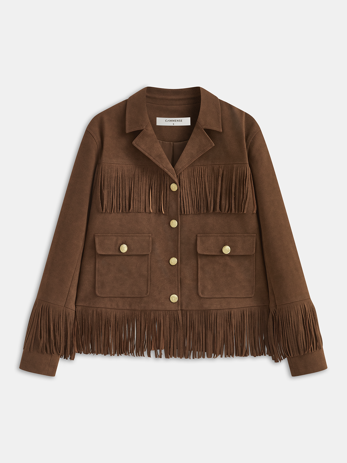 Fringe Button-Front Collared Suede Effect Jacket