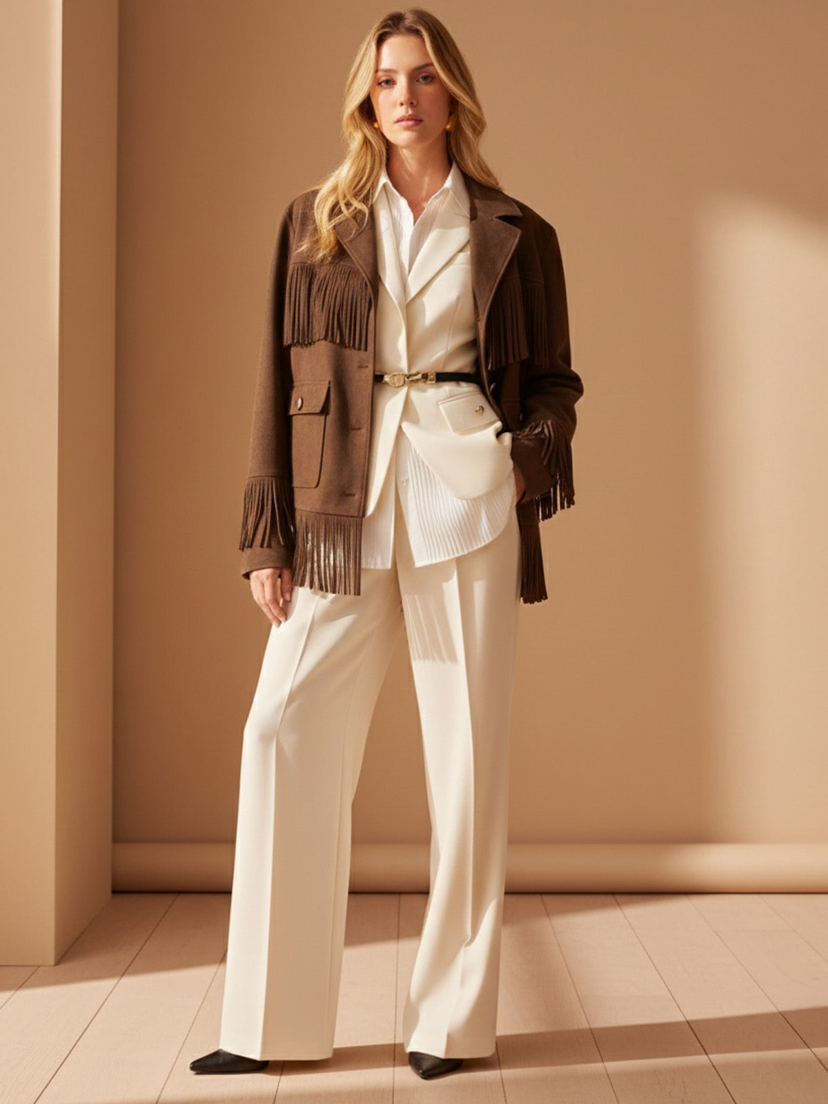 Fringe Button-Front Collared Suede Effect Jacket