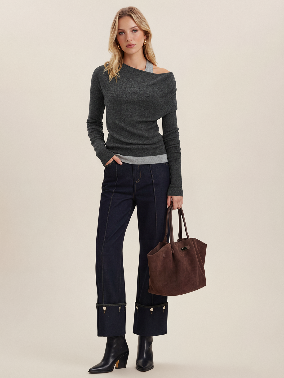 Wool-Blend Asymmetrical Cold-Shoulder Knit Top