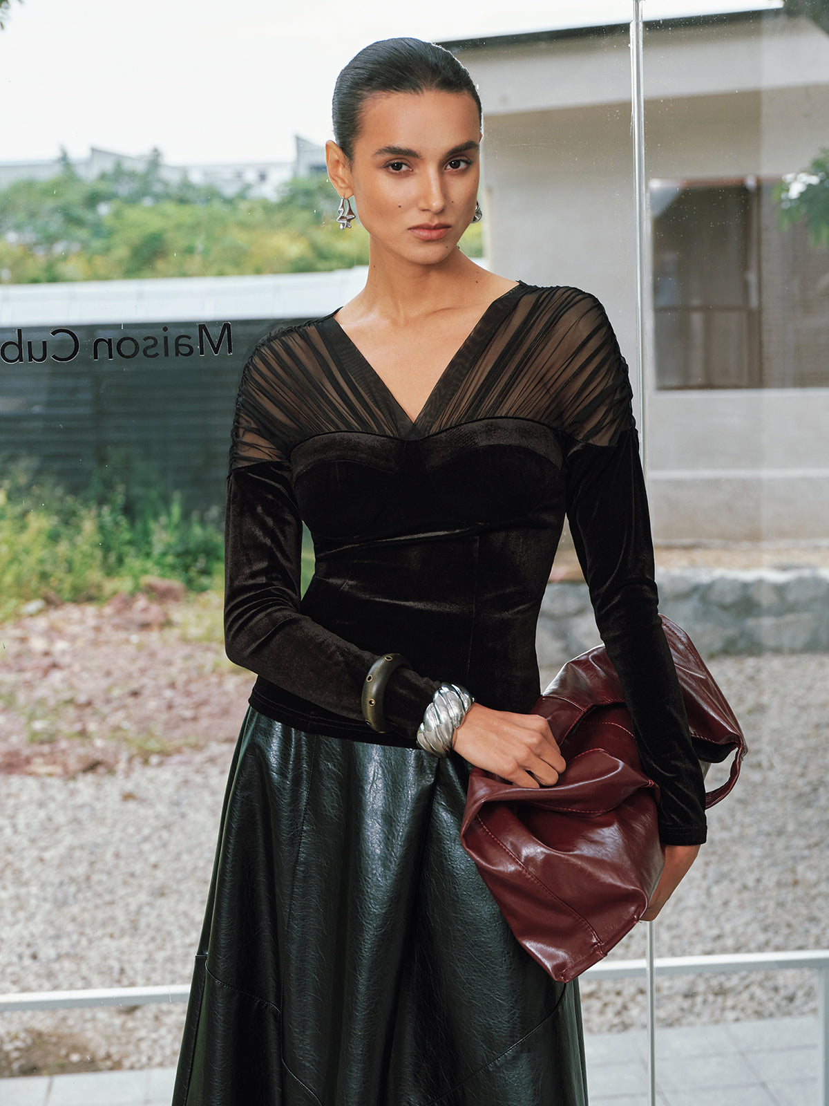 V-Neck Mesh Panel Velvet Blouse