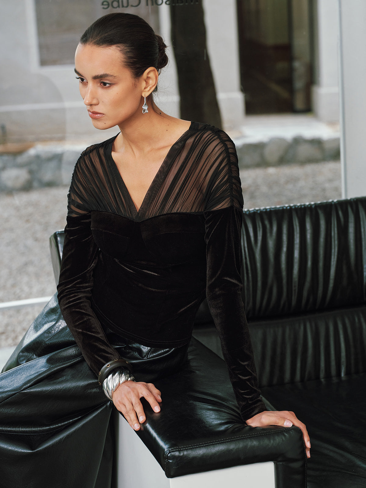 V-Neck Mesh Panel Velvet Blouse