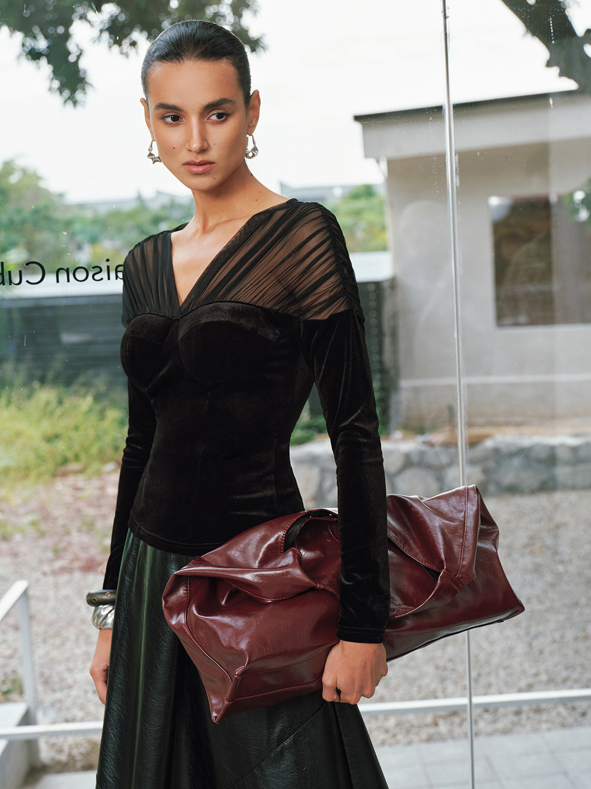 V-Neck Mesh Panel Velvet Blouse