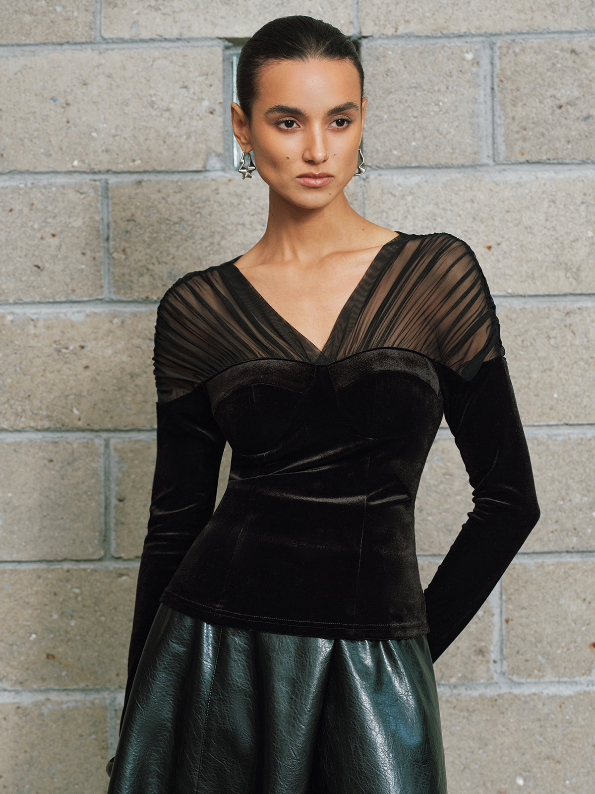 V-Neck Mesh Panel Velvet Blouse
