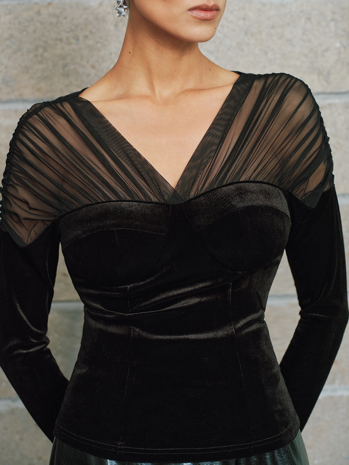 V-Neck Mesh Panel Velvet Blouse