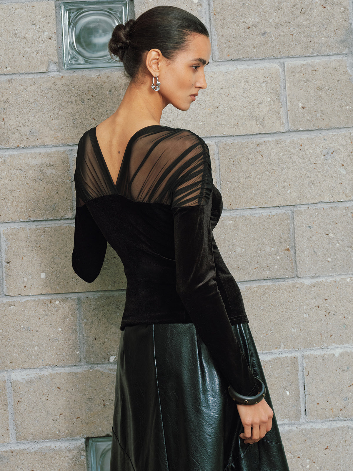 V-Neck Mesh Panel Velvet Blouse