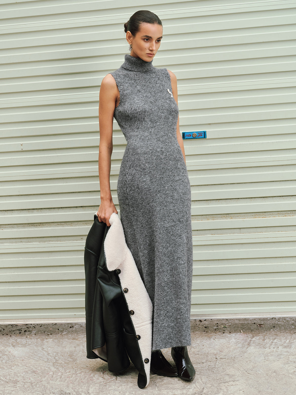 Wool Blend Sleeveless Turtleneck Sweater Dress