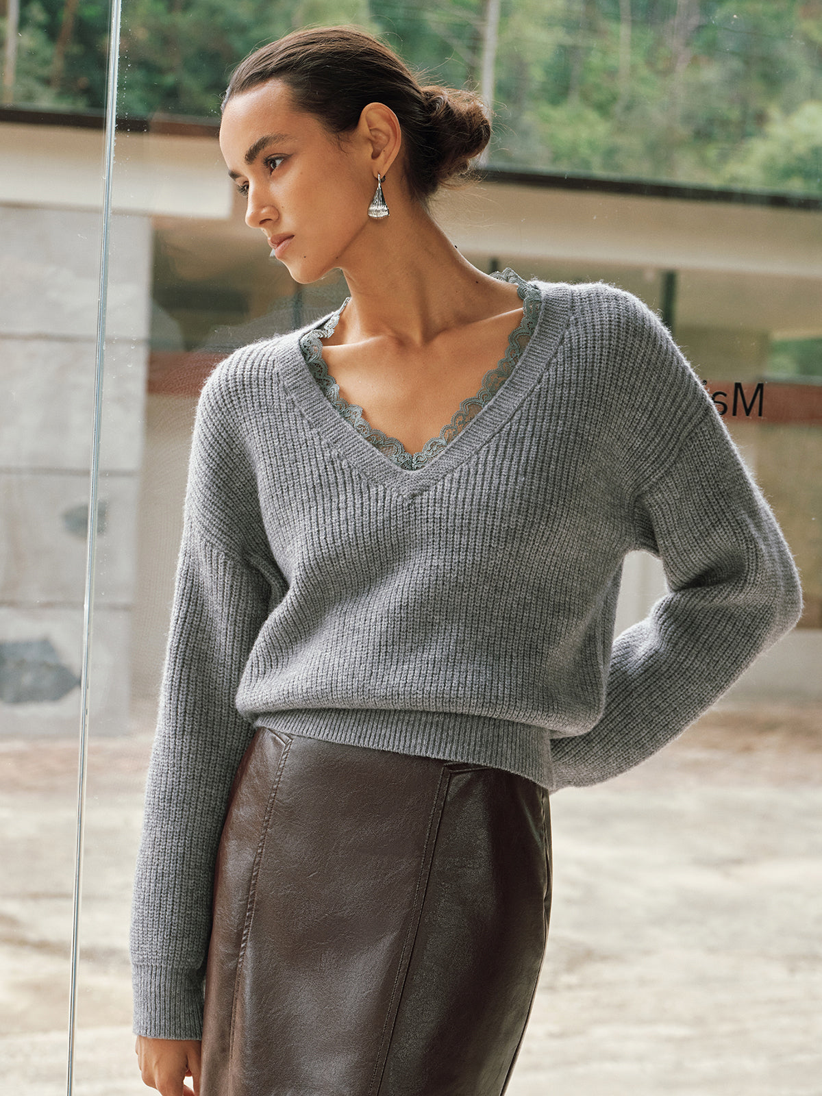 V-Neck Lace-Trim Knit Sweater