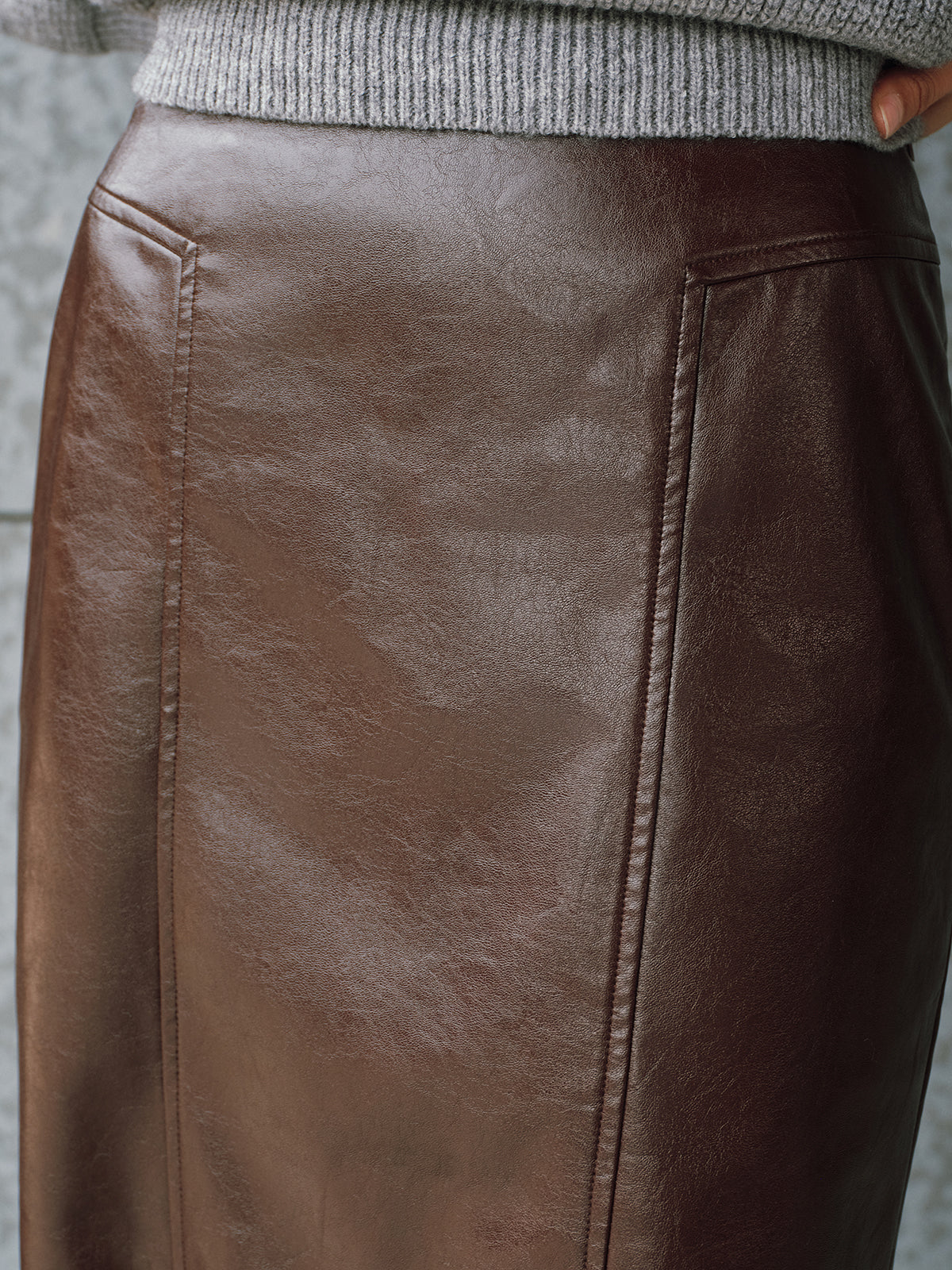 Faux Leather Lace Trim Midi Skirt