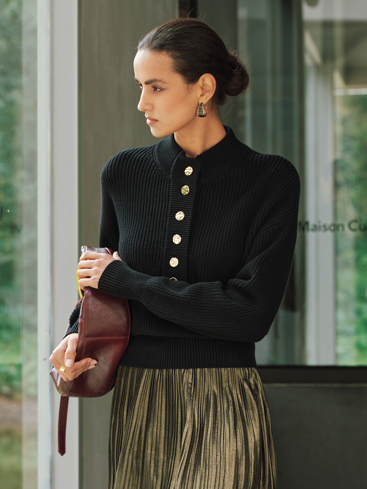 Ribbed Metal Button Sweater