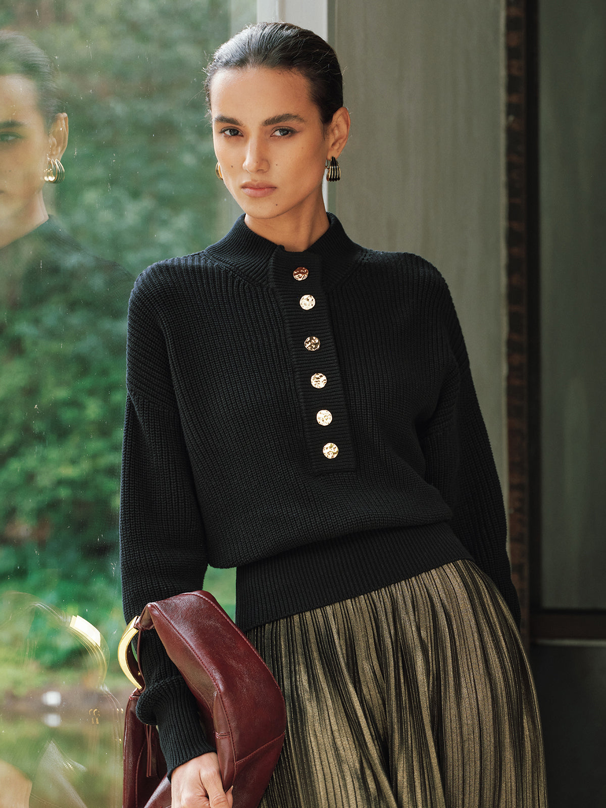 Ribbed Metal Button Sweater