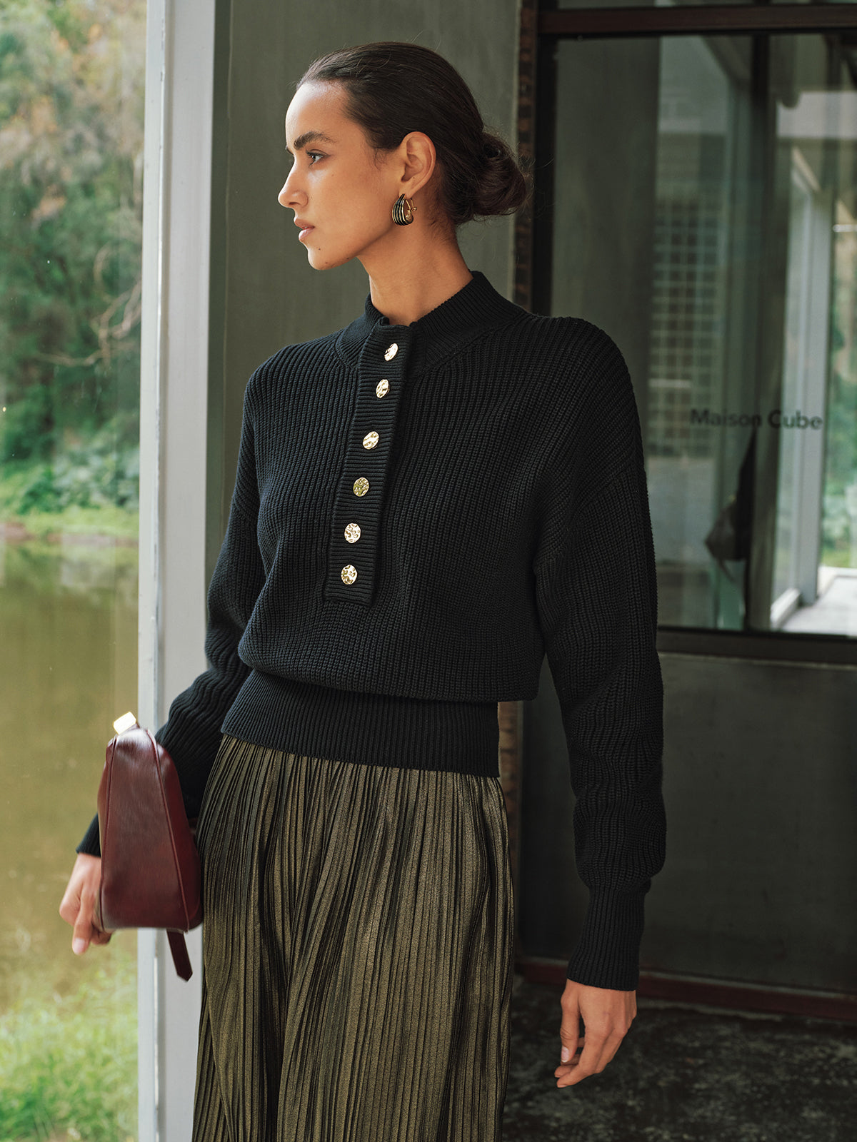 Ribbed Metal Button Sweater