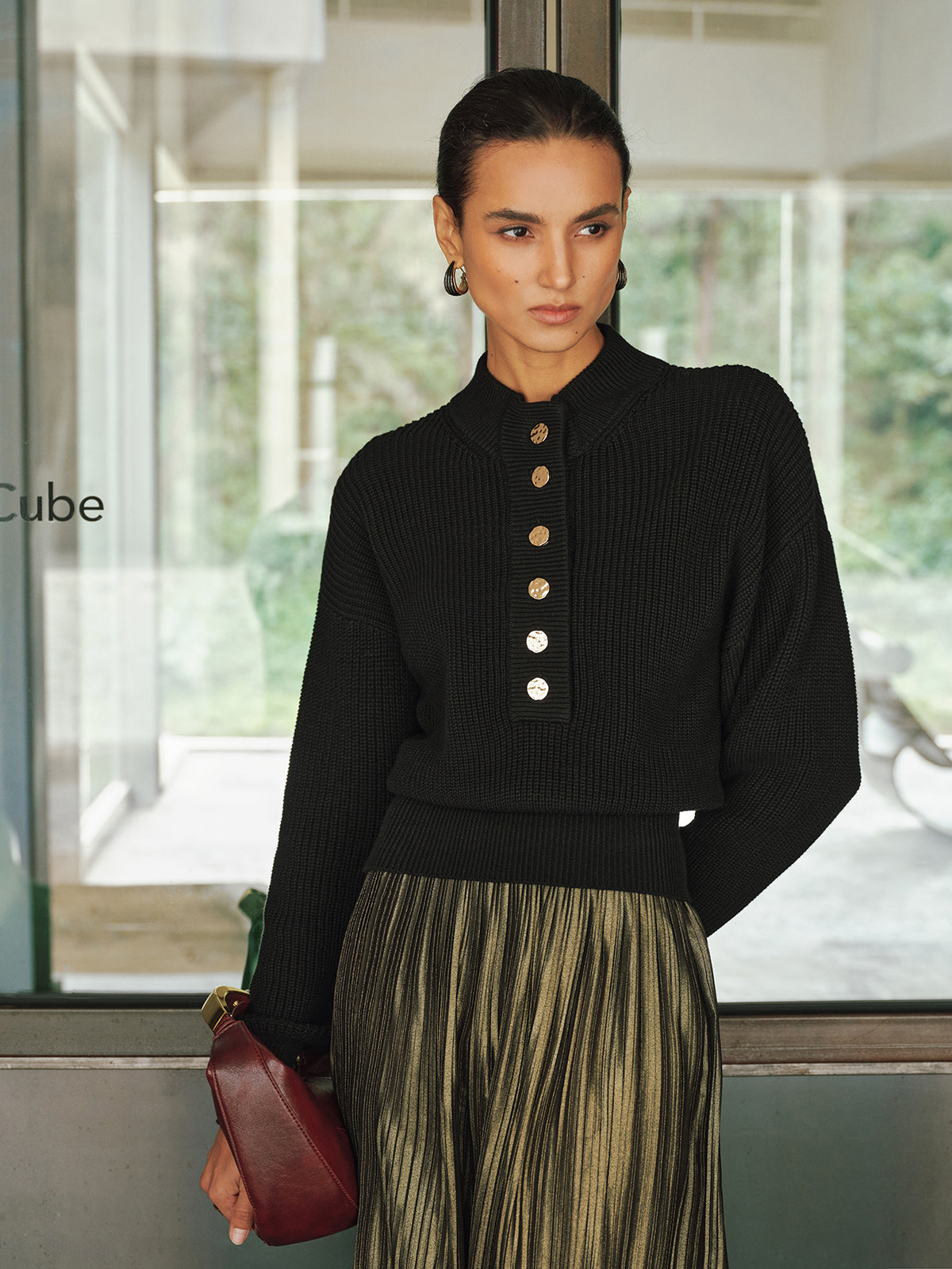 Ribbed Metal Button Sweater