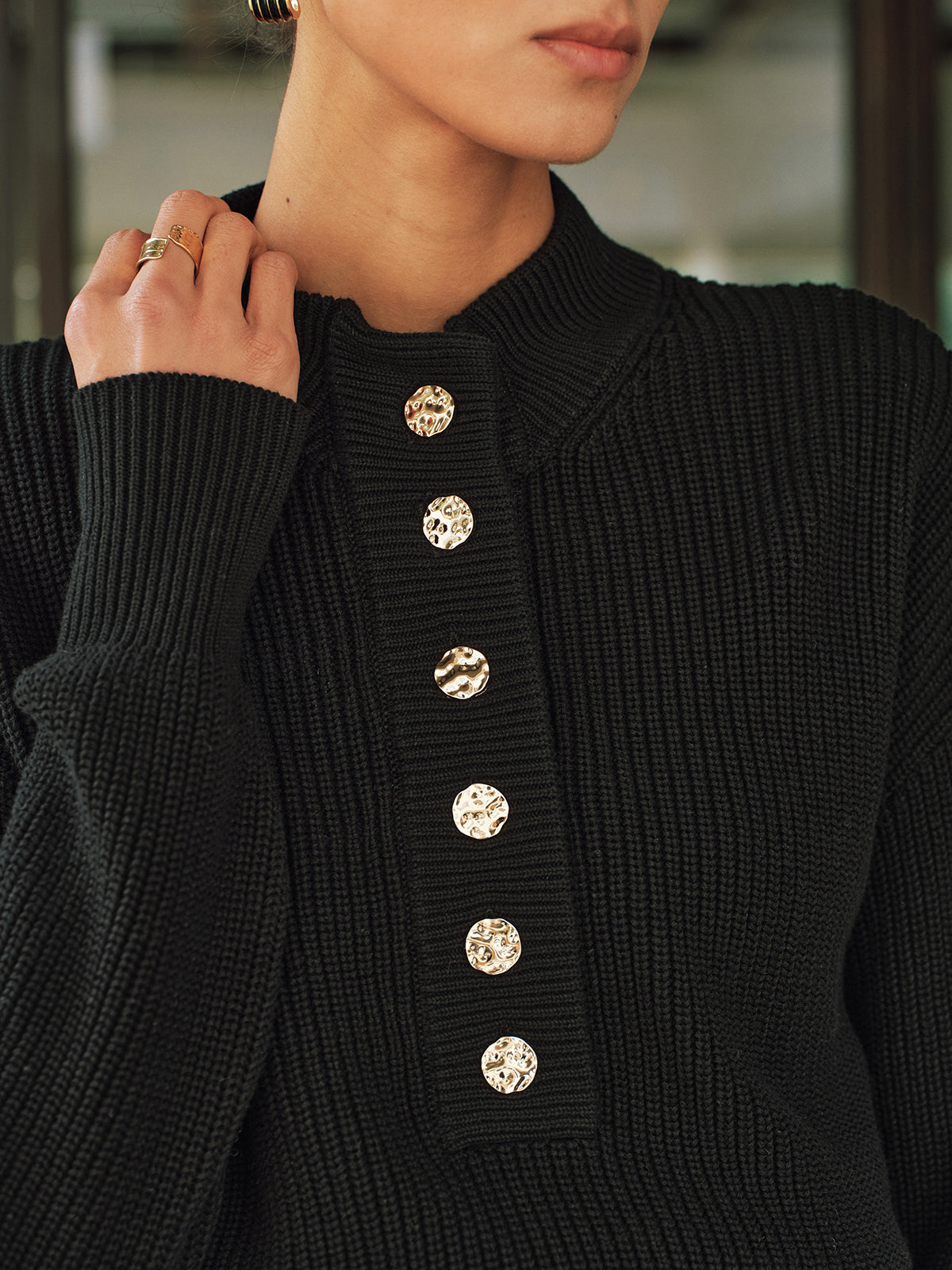 Ribbed Metal Button Sweater