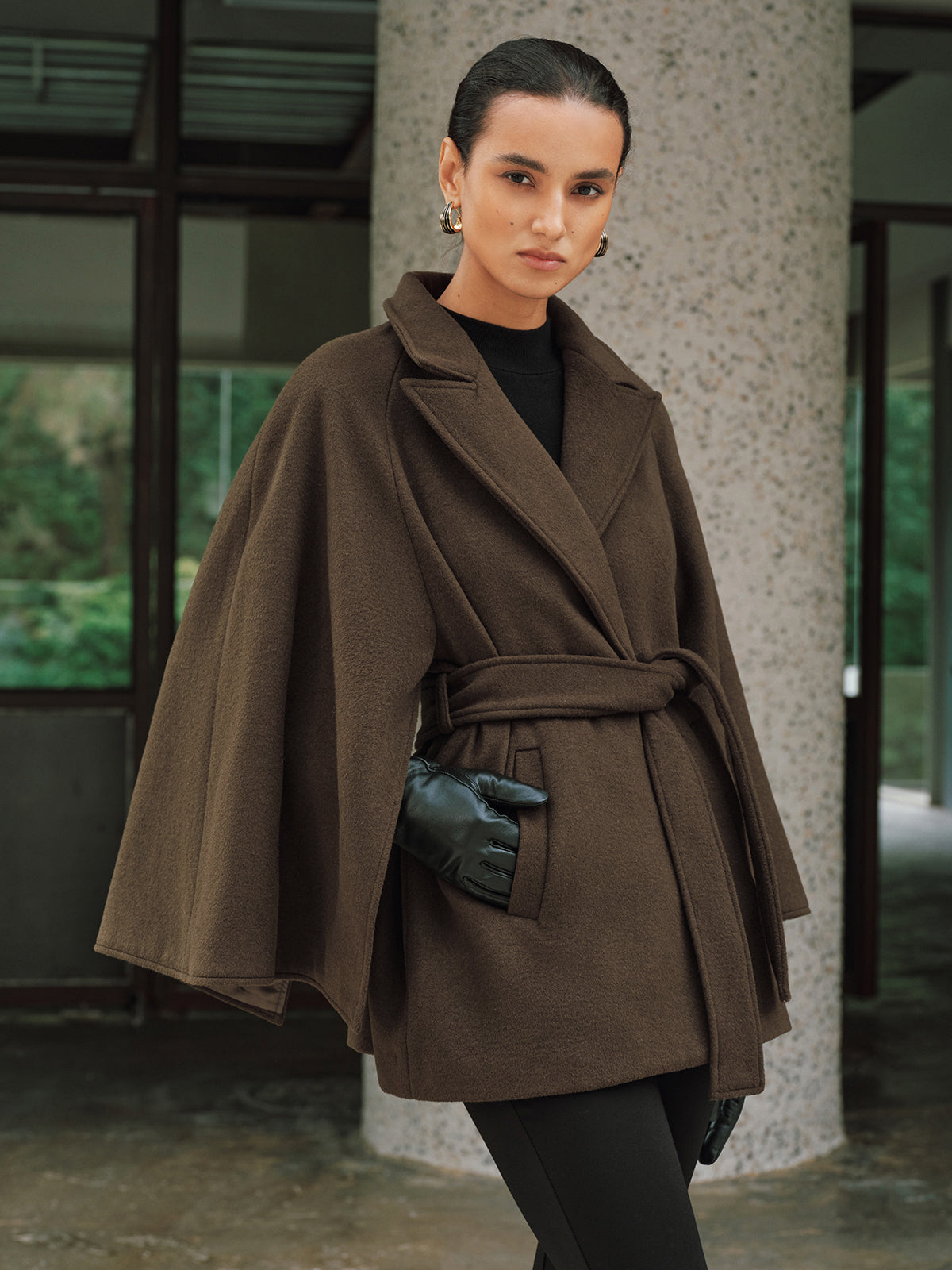 Wool-Blend Belted Capelet Coat
