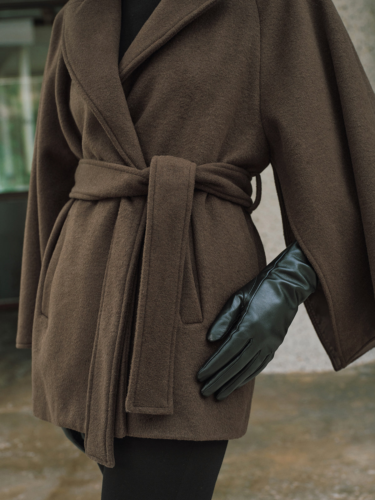 Wool-Blend Belted Capelet Coat