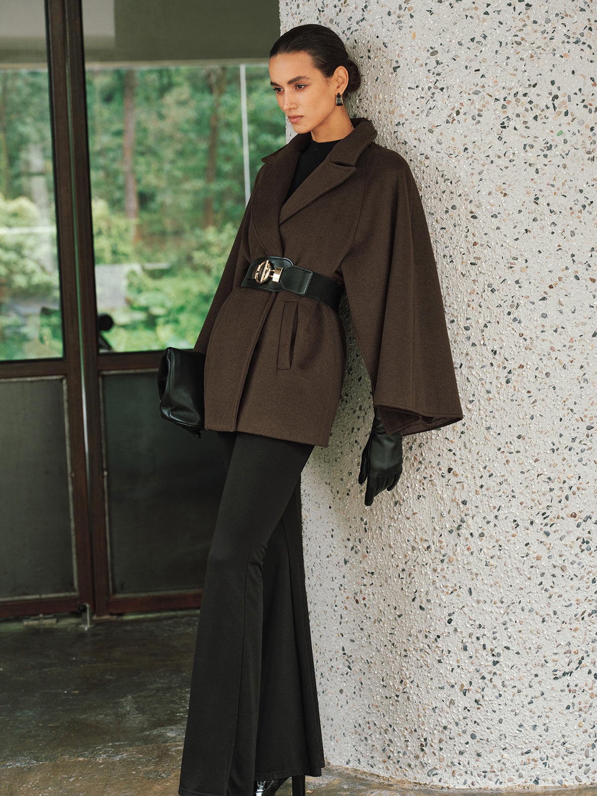 Wool-Blend Belted Capelet Coat