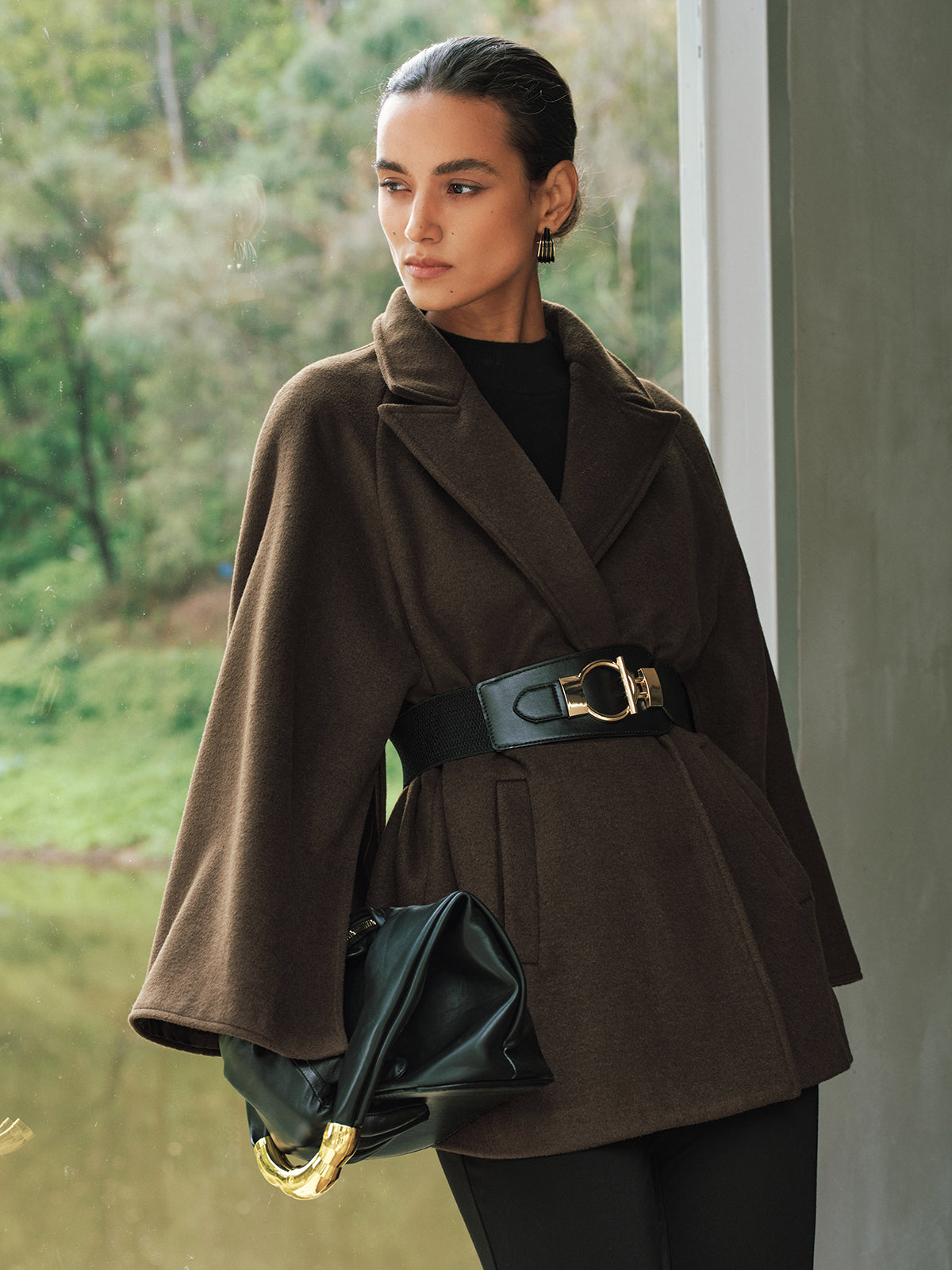Wool-Blend Belted Capelet Coat