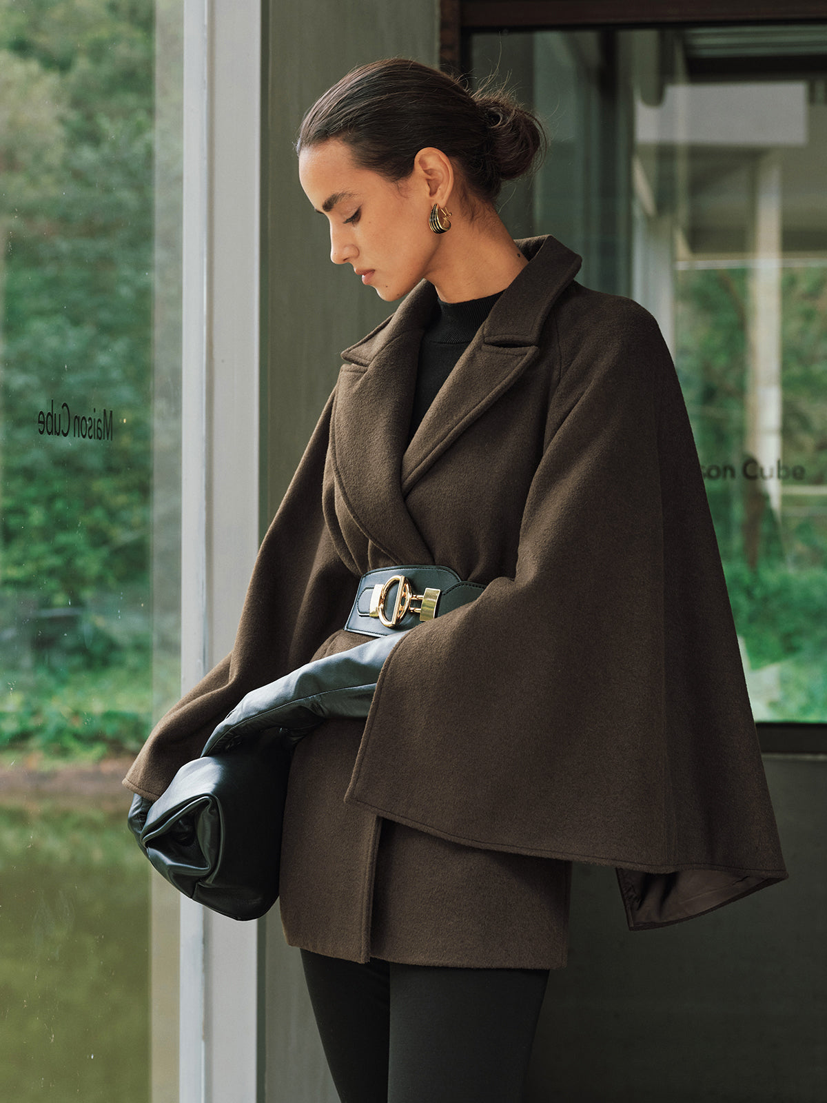 Wool-Blend Belted Capelet Coat