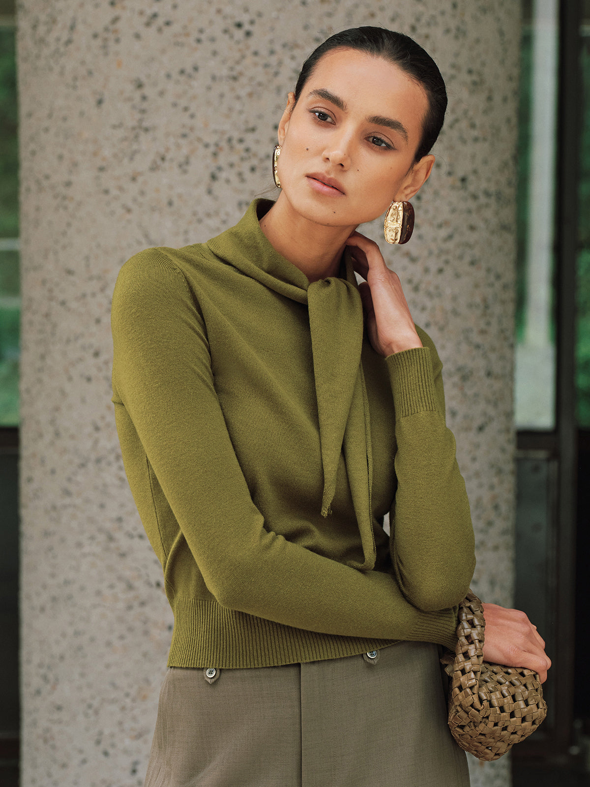 Wool-Blend Tie-Neck Fitted Knit Top
