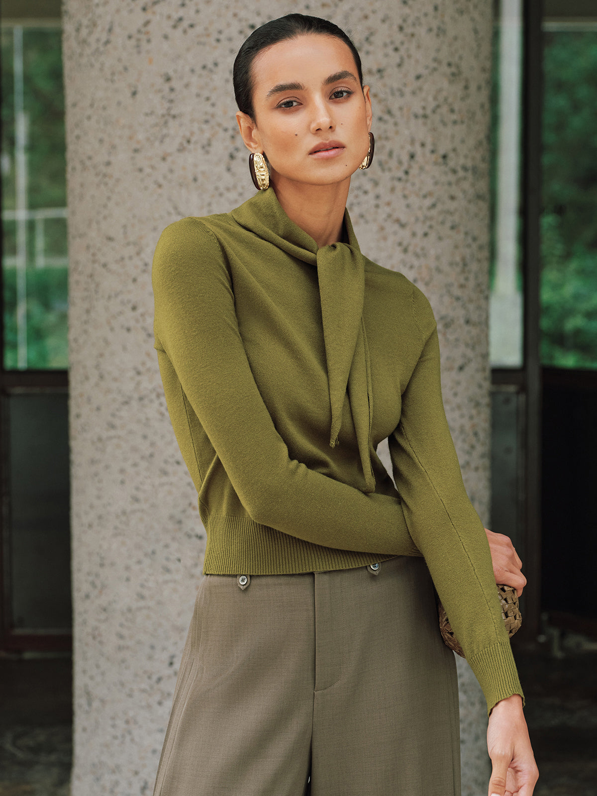 Wool-Blend Tie-Neck Fitted Knit Top