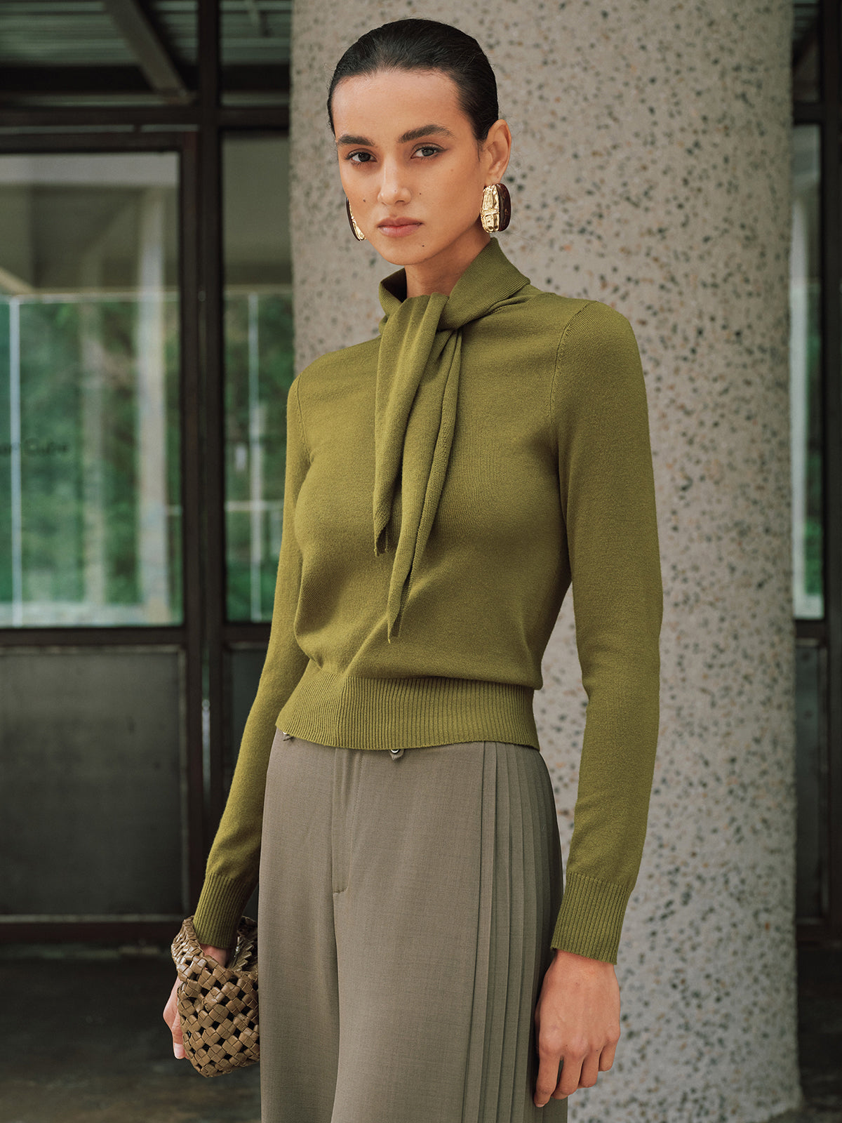Wool-Blend Tie-Neck Fitted Knit Top