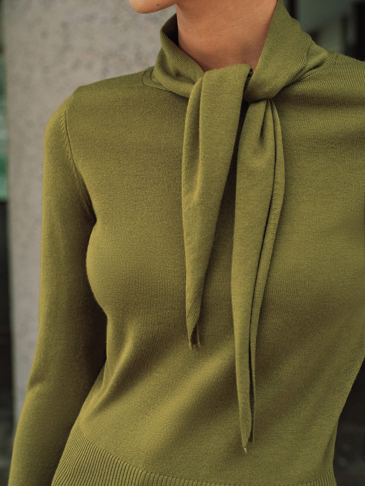 Wool-Blend Tie-Neck Fitted Knit Top