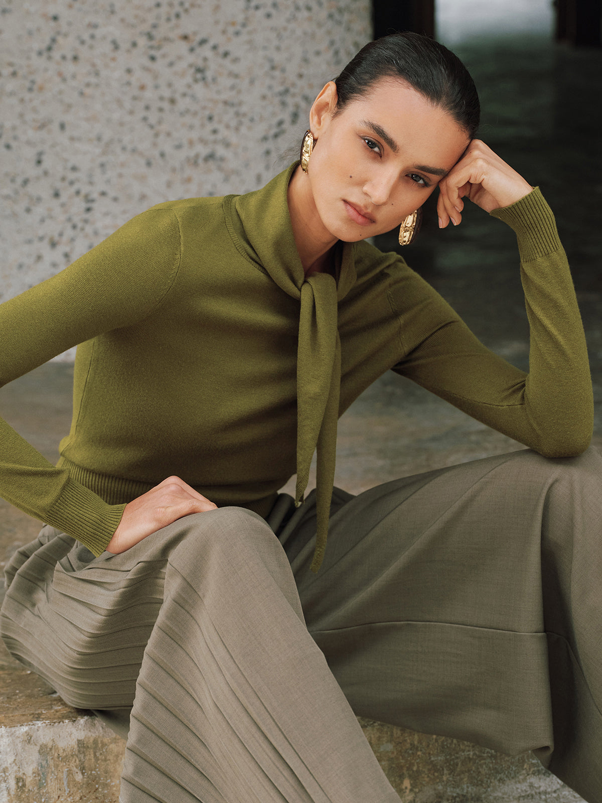 Wool-Blend Tie-Neck Fitted Knit Top