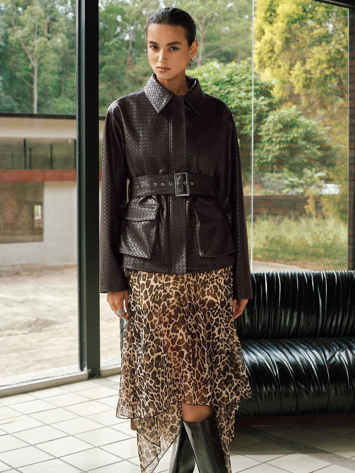 Woven-Texture Faux Leather Belted Jacket