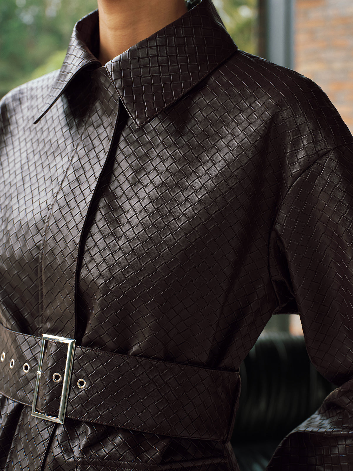 Woven-Texture Faux Leather Belted Jacket