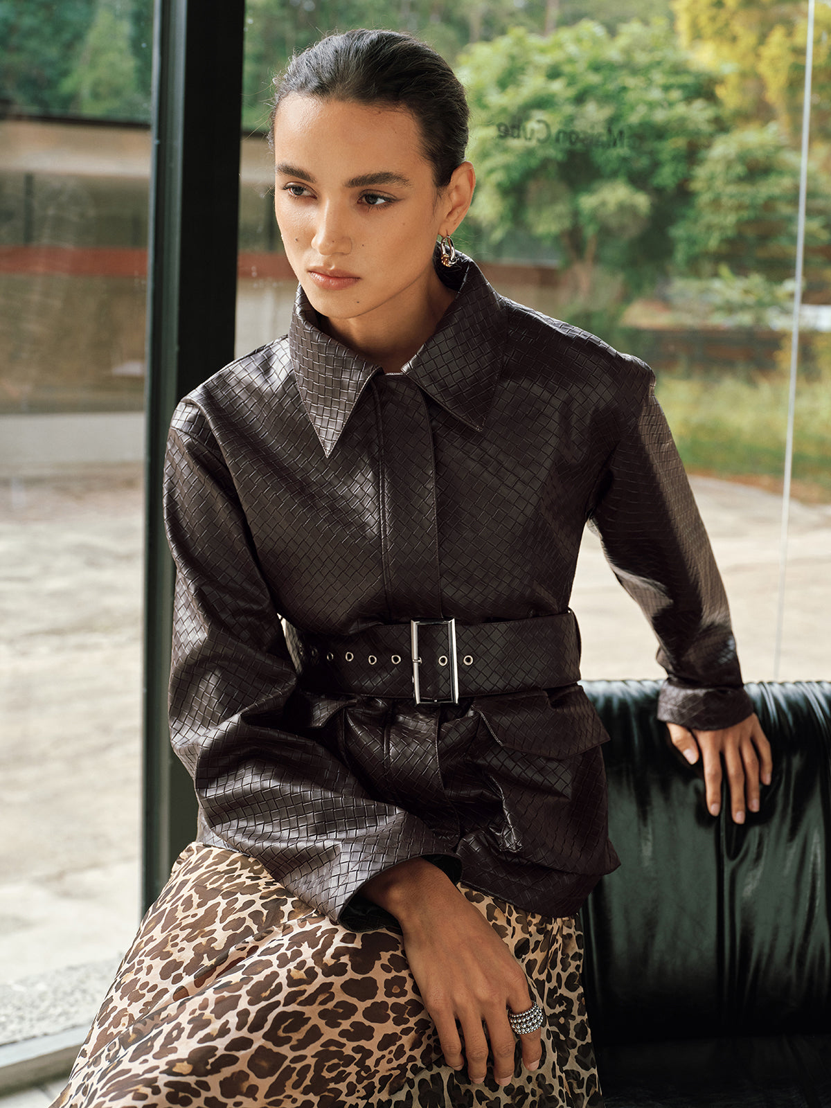 Woven-Texture Faux Leather Belted Jacket