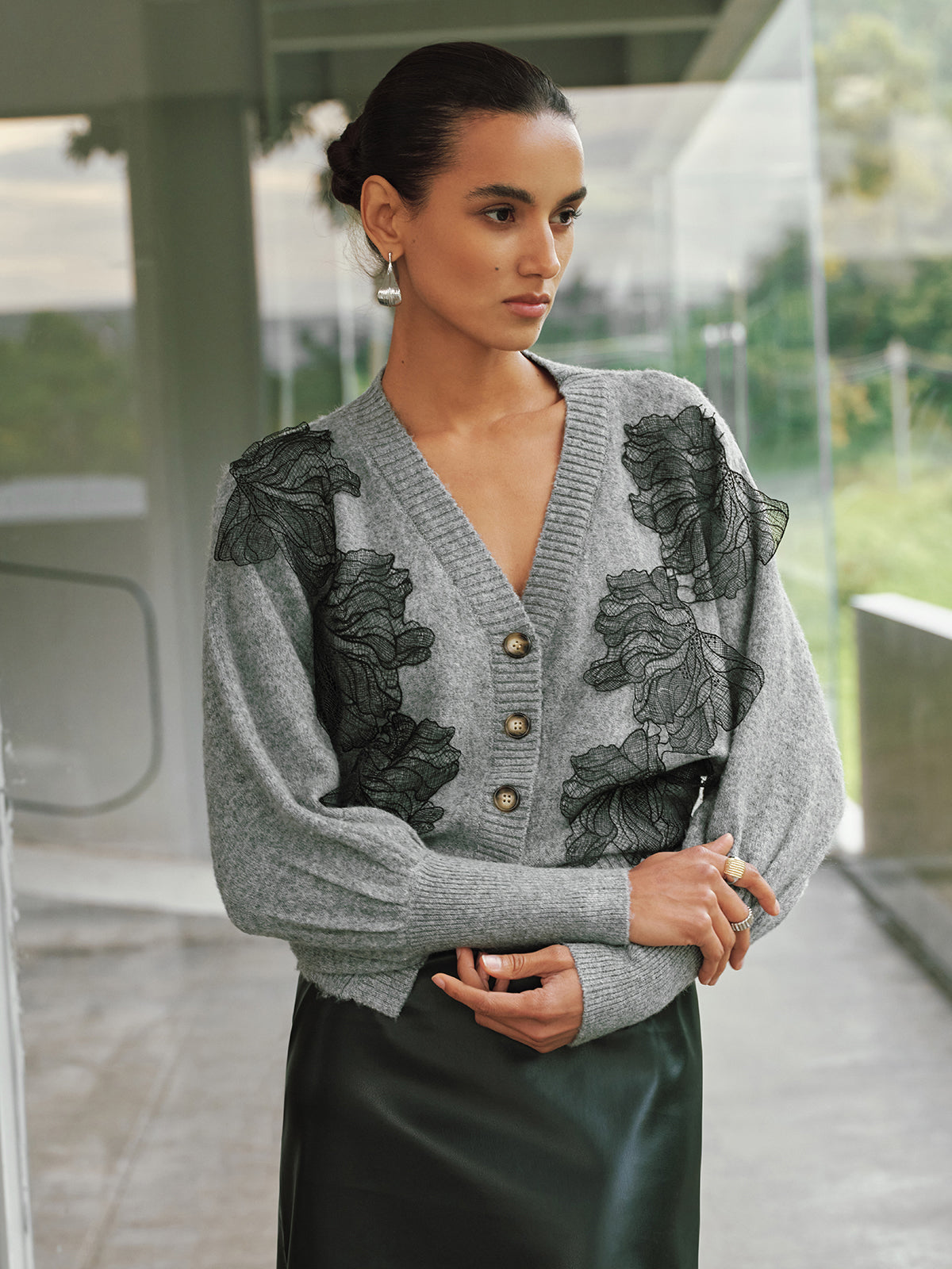V-Neck Lace Flower Button Cardigan