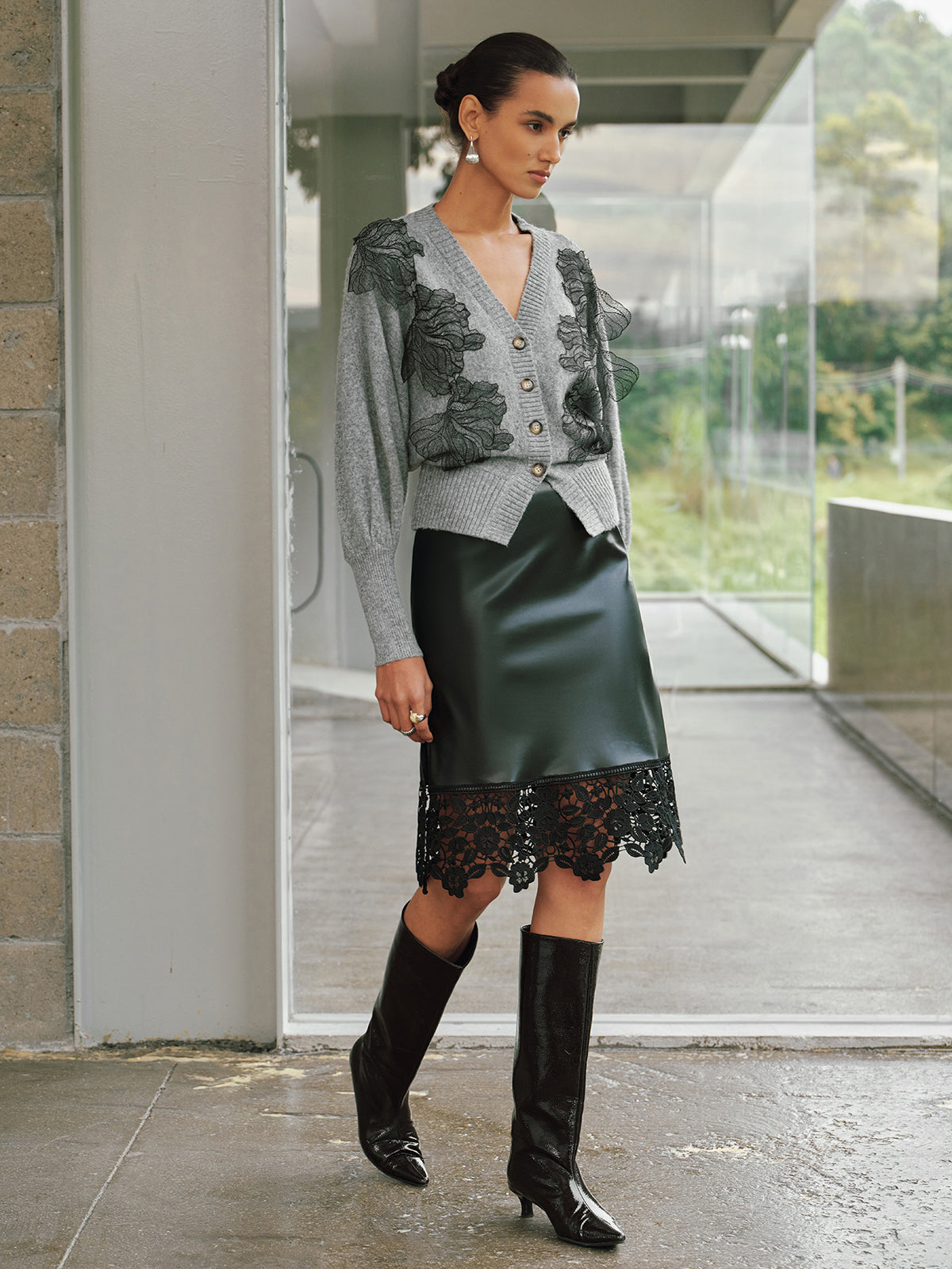V-Neck Lace Flower Button Cardigan