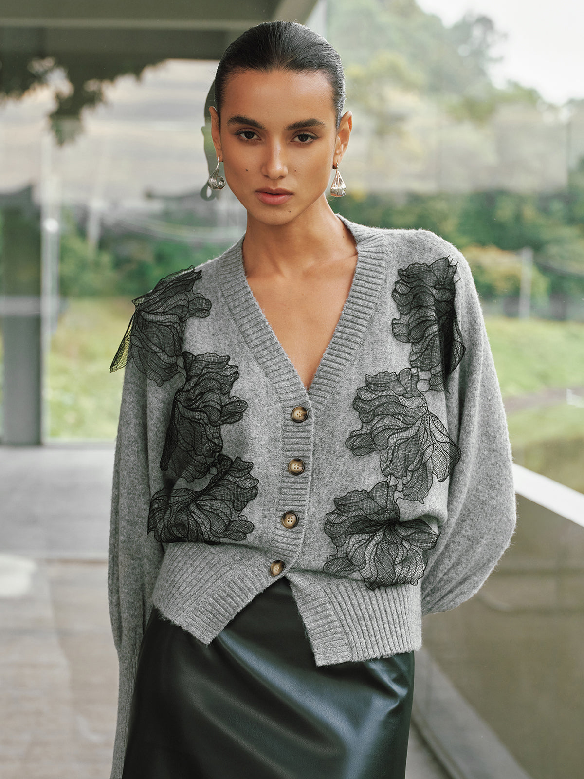 V-Neck Lace Flower Button Cardigan