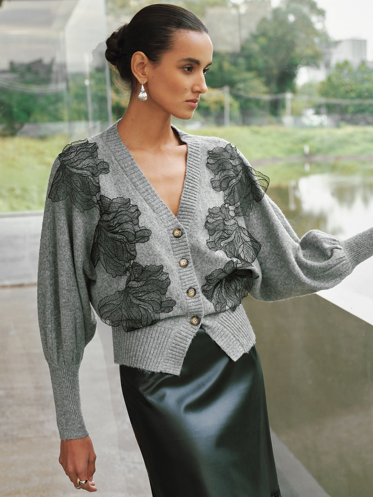 V-Neck Lace Flower Button Cardigan