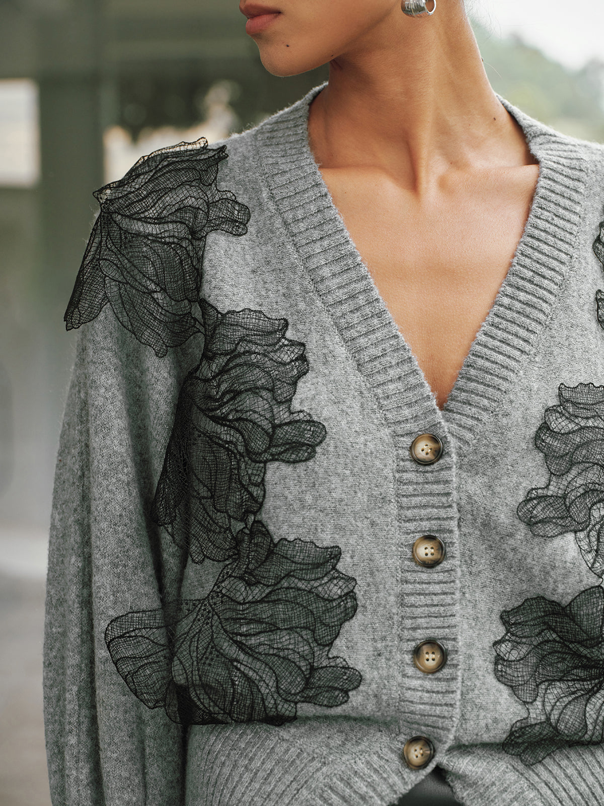 V-Neck Lace Flower Button Cardigan