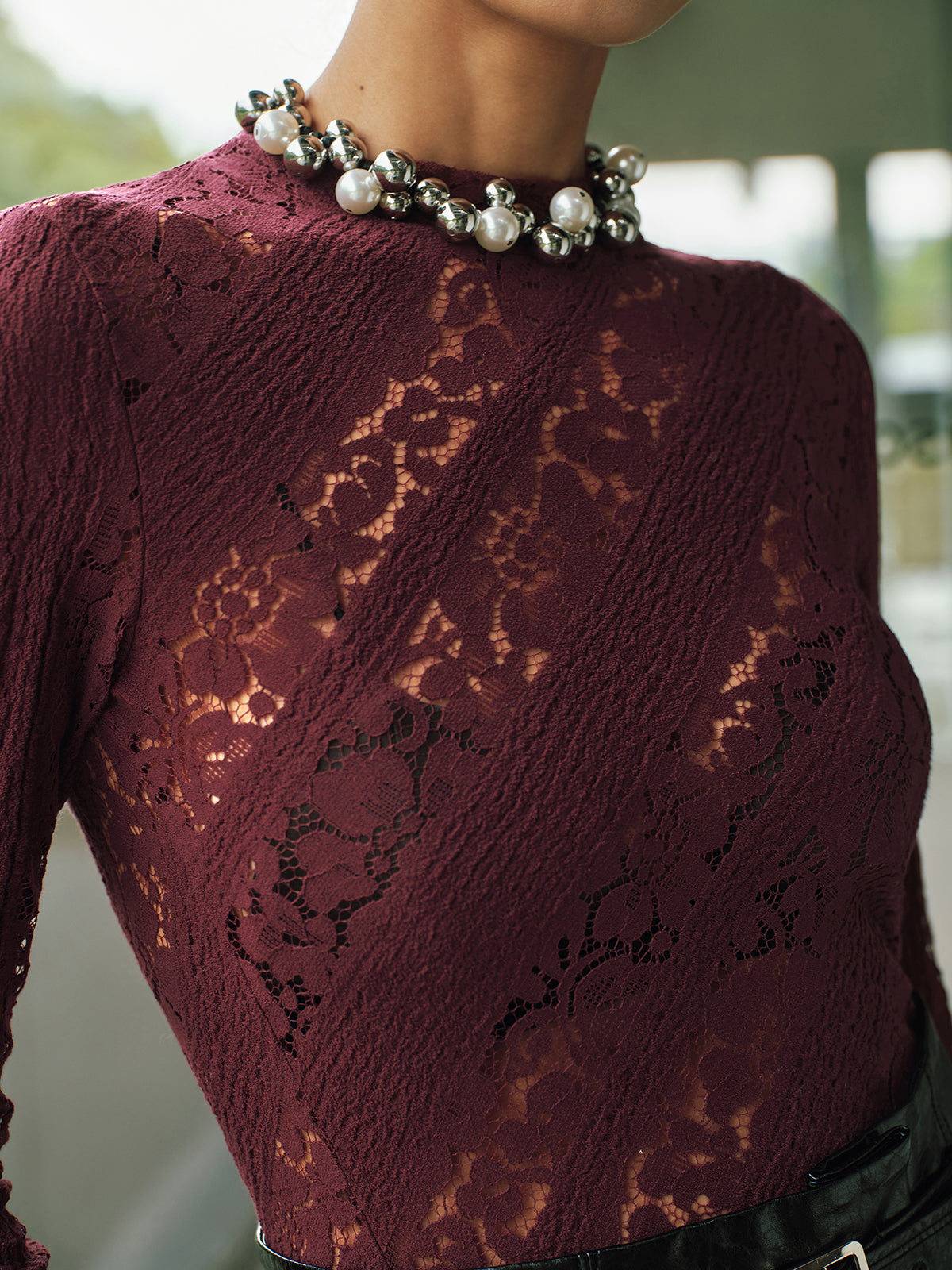 Long Sleeve Sheer Lace Fitted Blouse