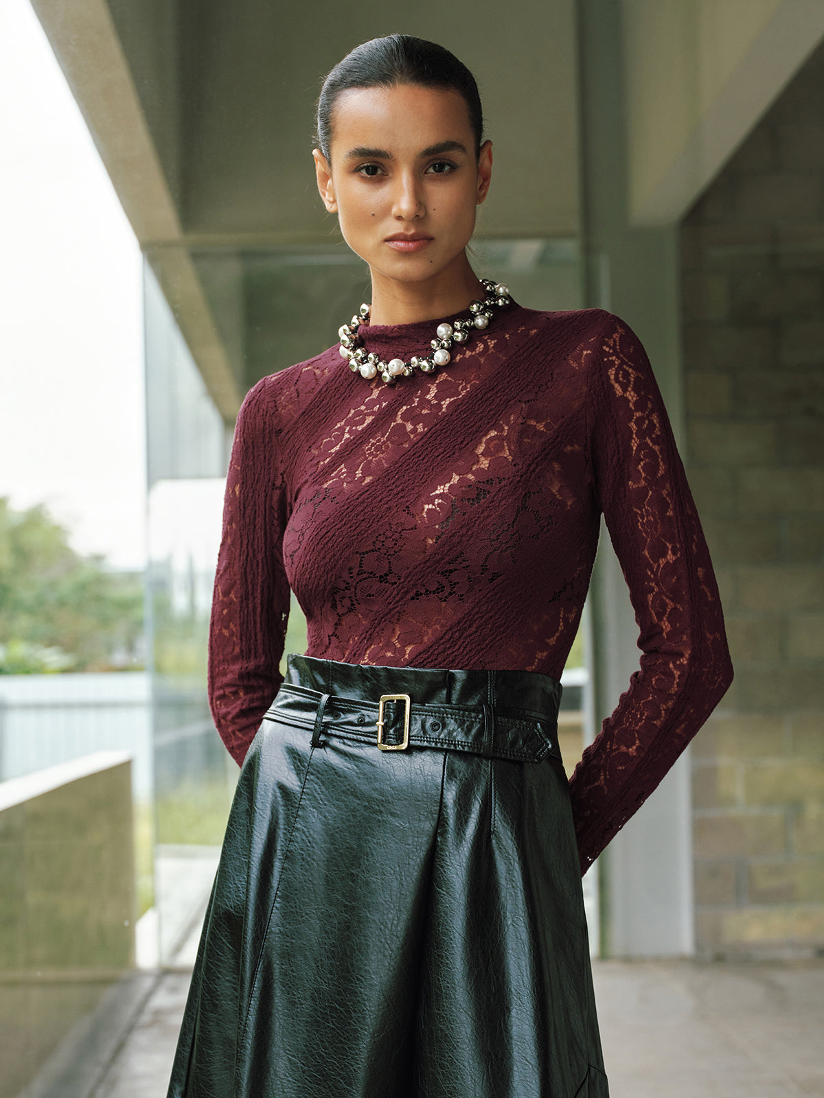 Long Sleeve Sheer Lace Fitted Blouse