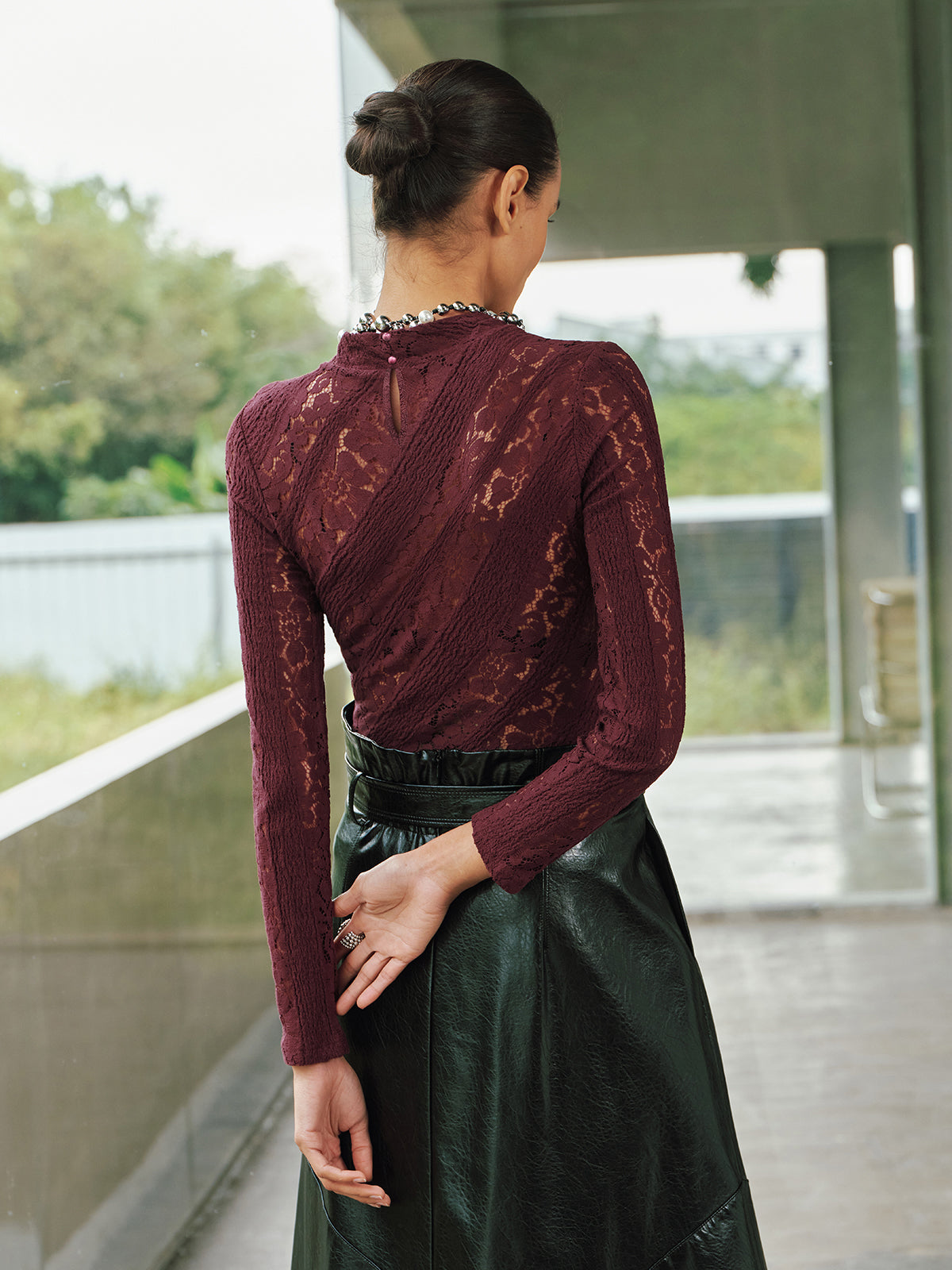 Long Sleeve Sheer Lace Fitted Blouse