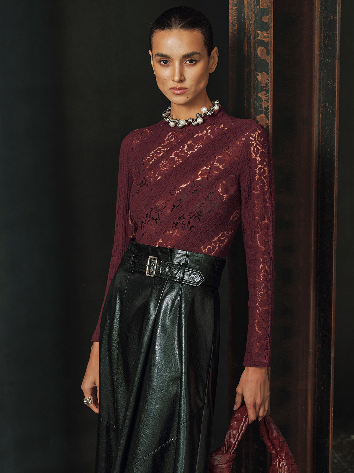 Long Sleeve Sheer Lace Fitted Blouse