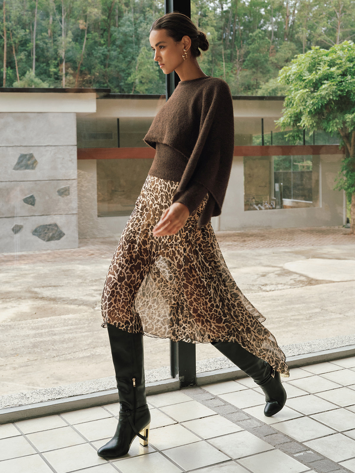 Leopard Print Semi-Sheer Chiffon Midi Skirt