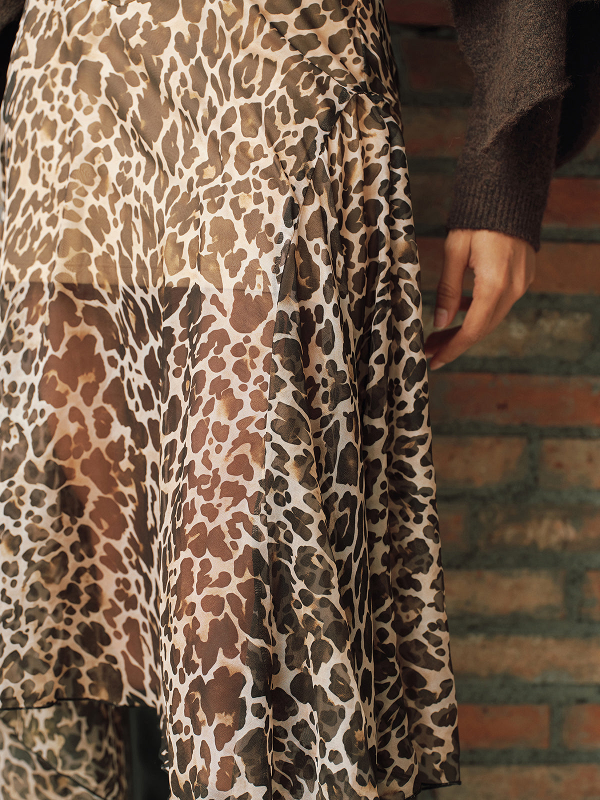 Leopard Print Semi-Sheer Chiffon Midi Skirt