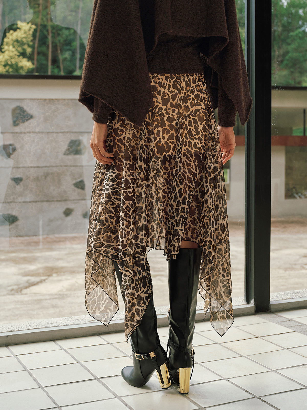 Leopard Print Semi-Sheer Chiffon Midi Skirt