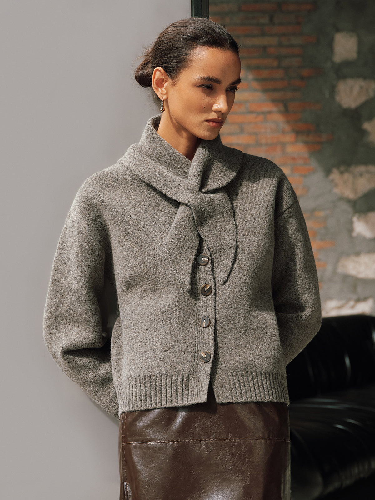 Button-Front Knit Cardigan with Scarf