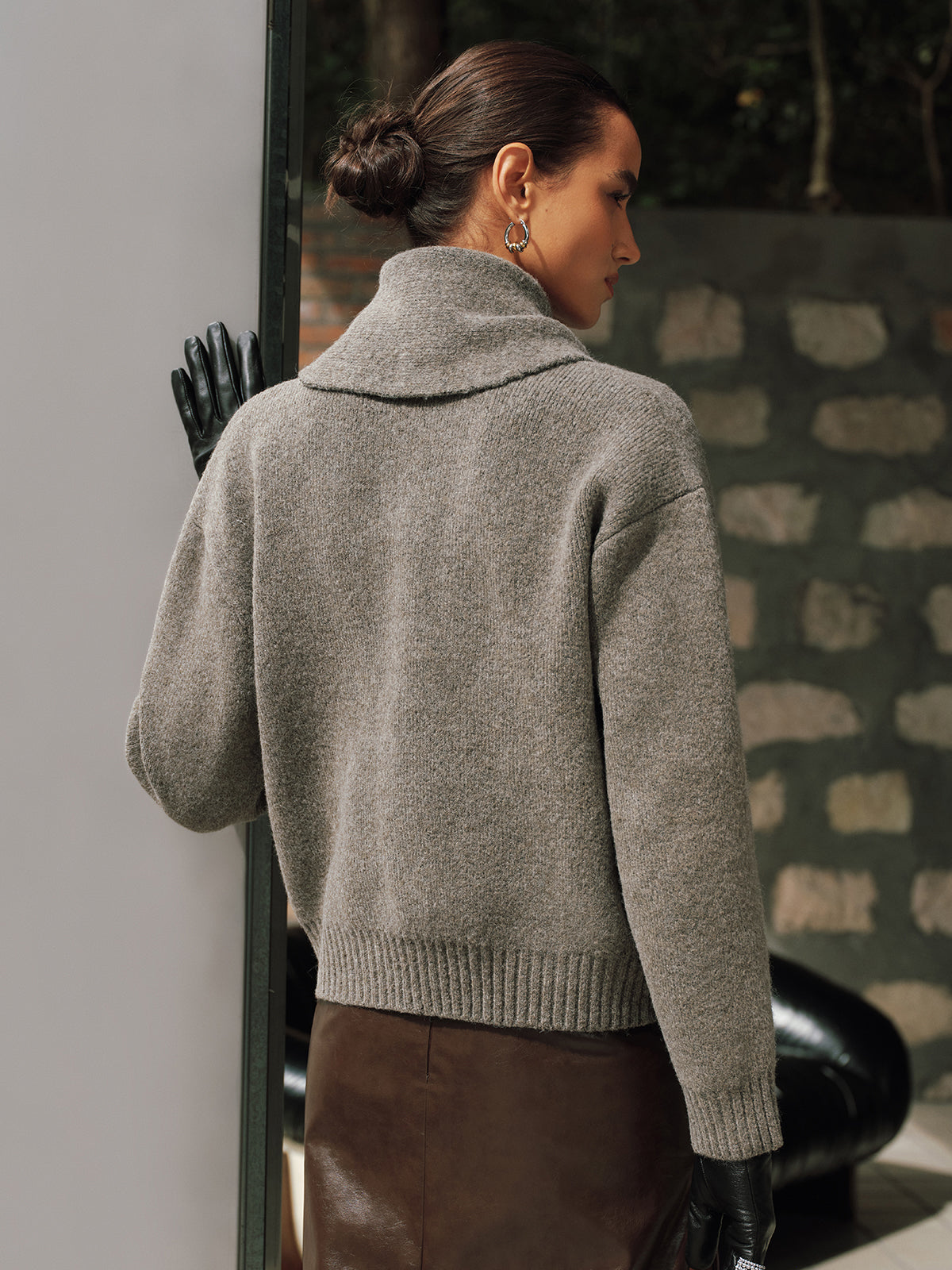 Button-Front Knit Cardigan with Scarf