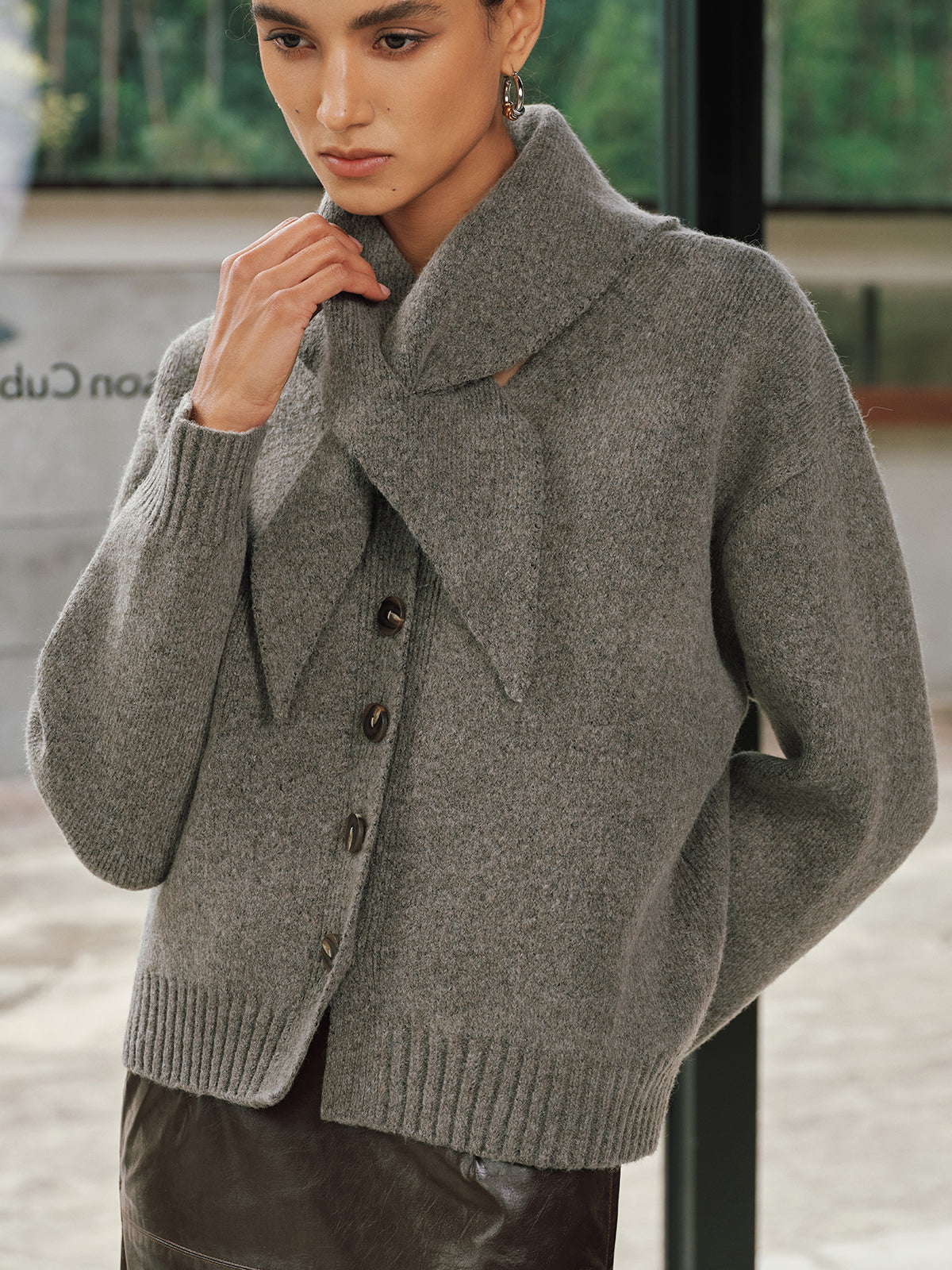 Button-Front Knit Cardigan with Scarf