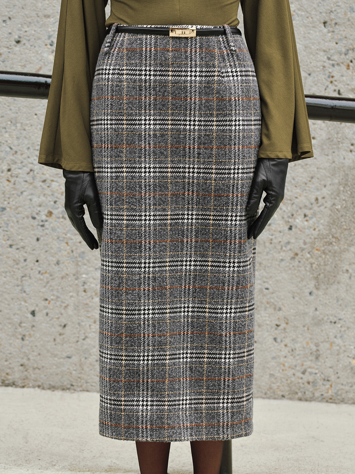 Belted Tweed Plaid Midi Skirt