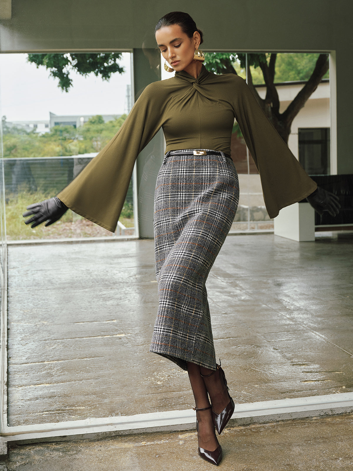 Belted Tweed Plaid Midi Skirt